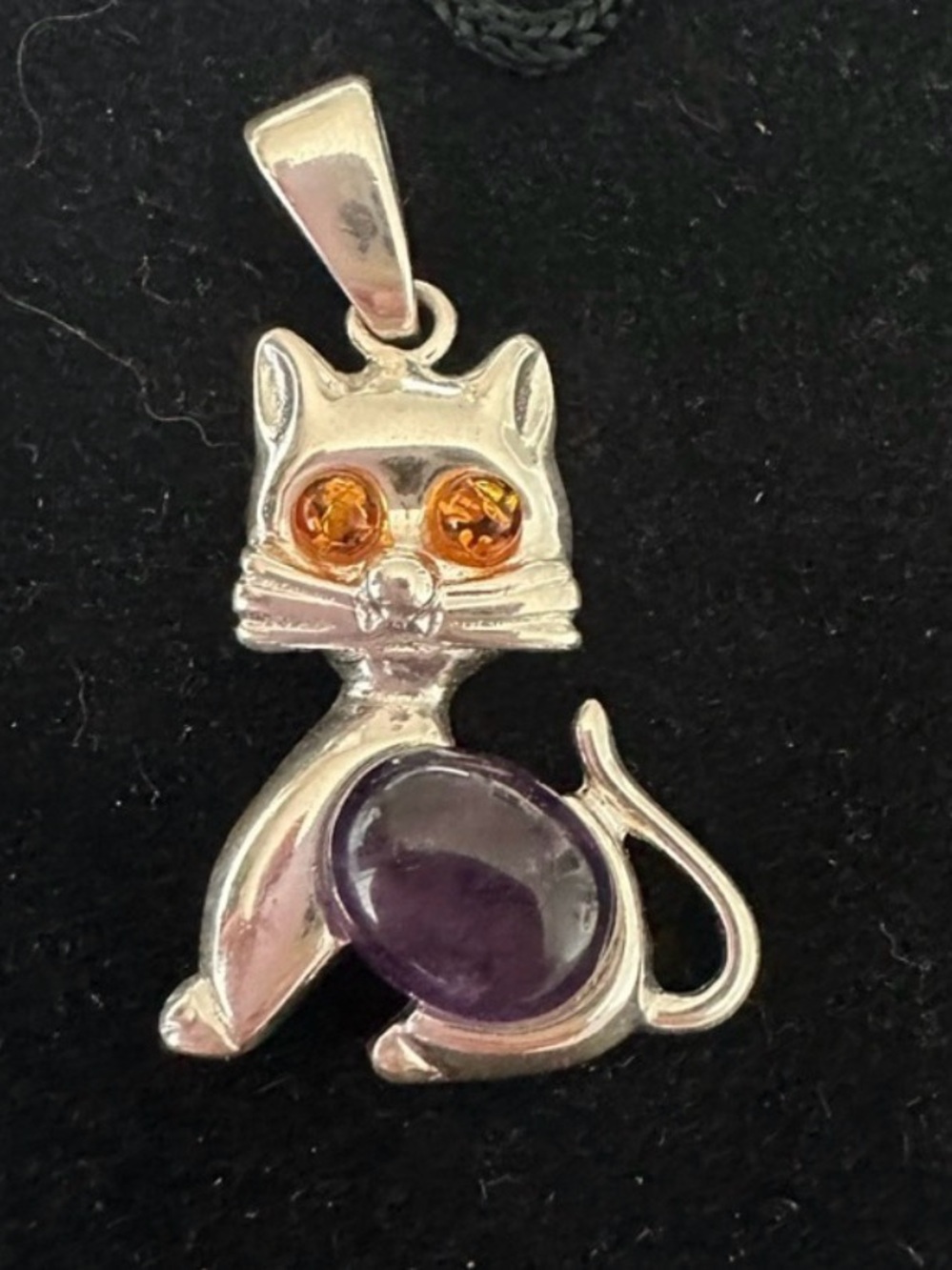 Silver Cat Pendant with Purple Stone and Amber Eyes - .925 Sterling silver